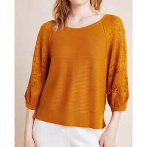 By Anthropologie Martina Pointelle Boho Crochet Sweater Tee Women’s XS Honey